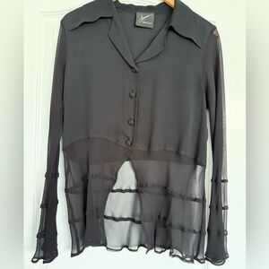 Black Sheree Asymmetrical Button Down Shirt with Notched Collar